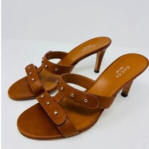 GUCCI Brown Studded Strappy Sandal Kitten Heel 7.5/37.5